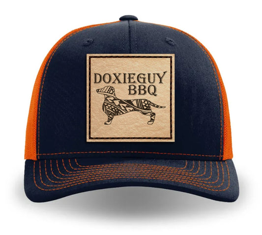 DoxieGuy BBQ Leather Patch Richardson 112 Trucker Cap Navy Blue/Orange